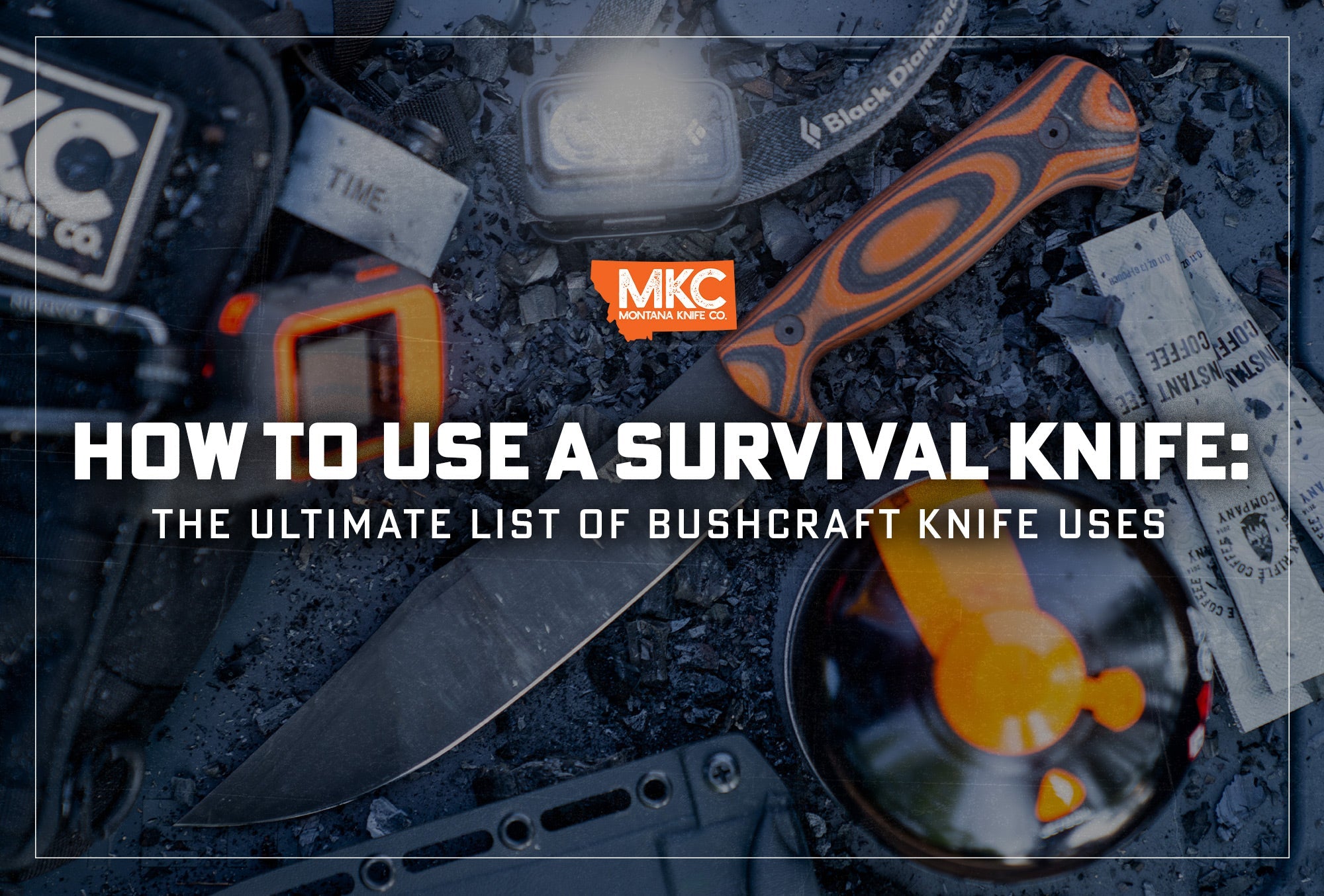 MKC survival knife displayed with a headlamp, packs of instant coffee, and assorted outdoor gear.