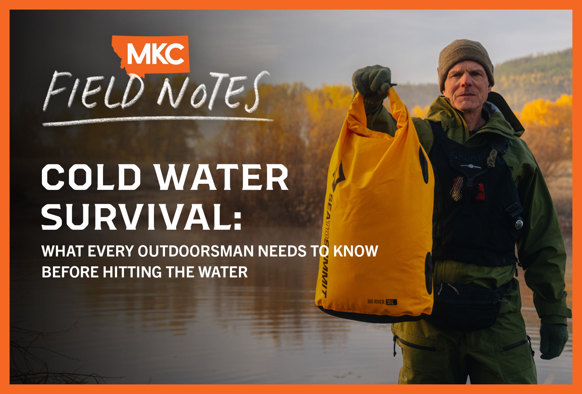 Outdoorsman in green jacket holding yellow waterproof bag by cold water.