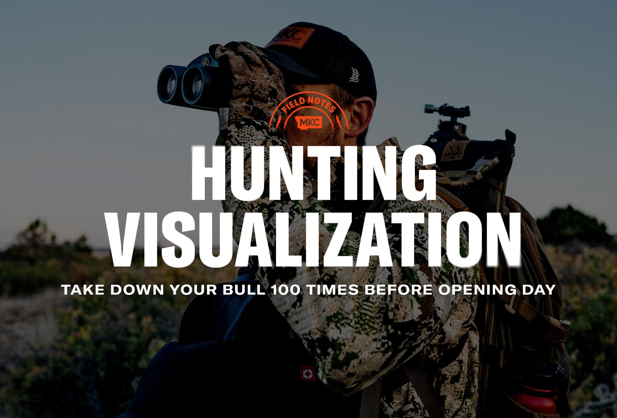 A hunter in camo scans the landscape with binoculars, illustrating hunting visualization before the season.