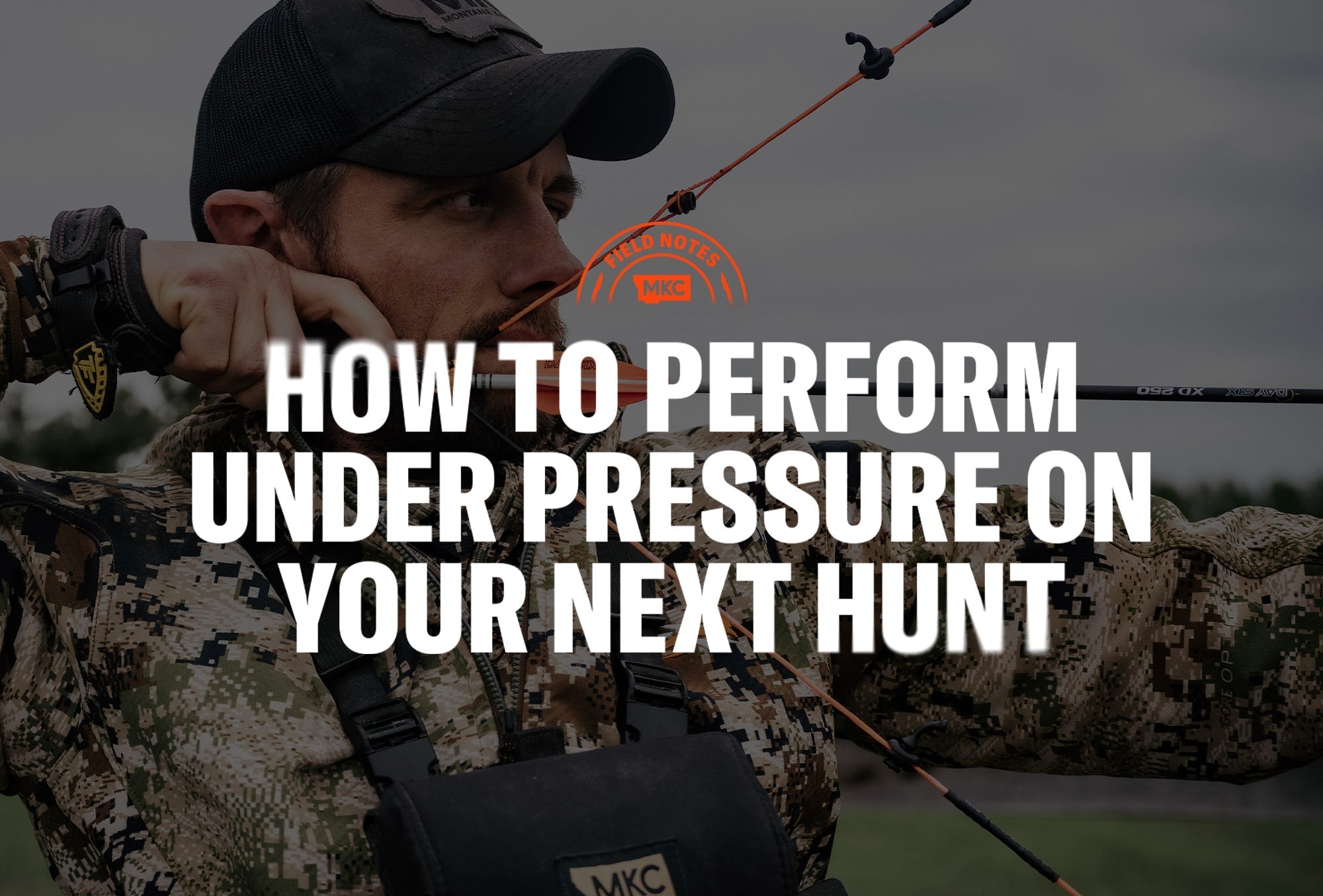 A bowhunter in camo draws a compound bow outdoors, illustrating how to perform under pressure.