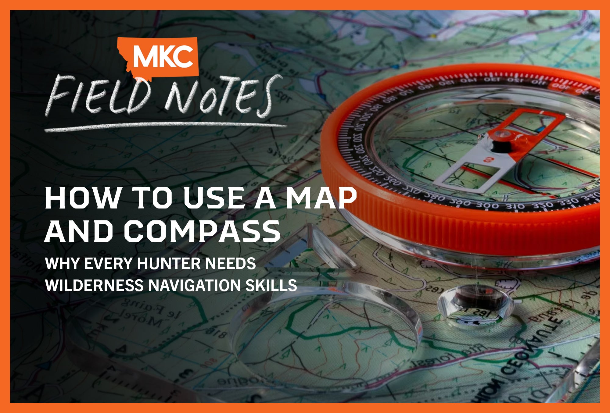 Close-up of a compass placed on a topographic map for basic map and compass navigation skills.