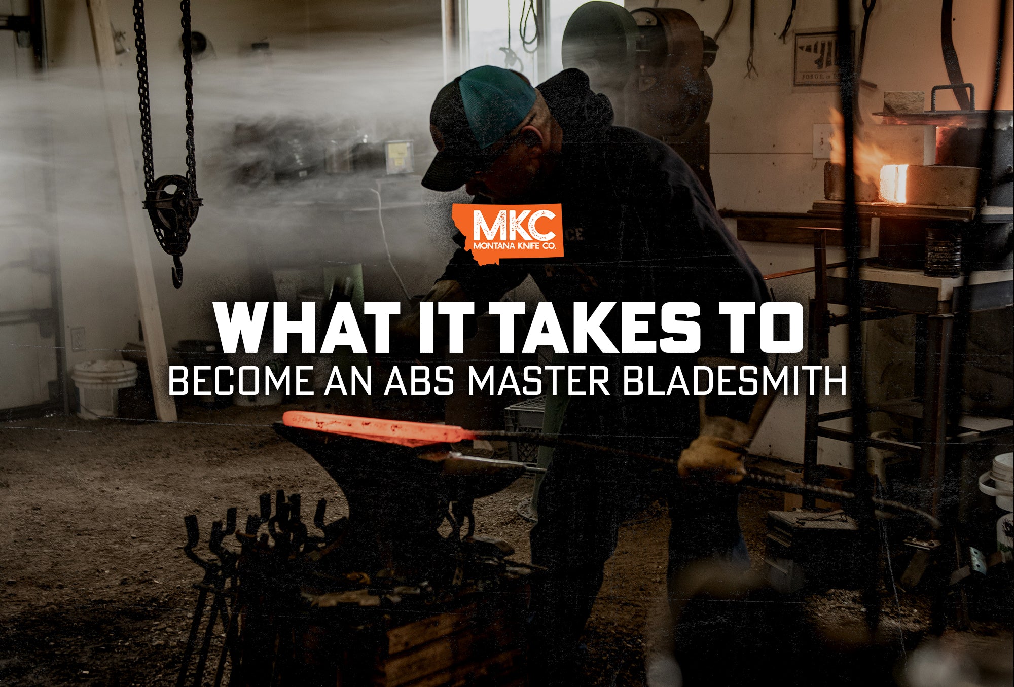 Josh Smith, an ABS Master Bladesmith, makes knives at a worktable.