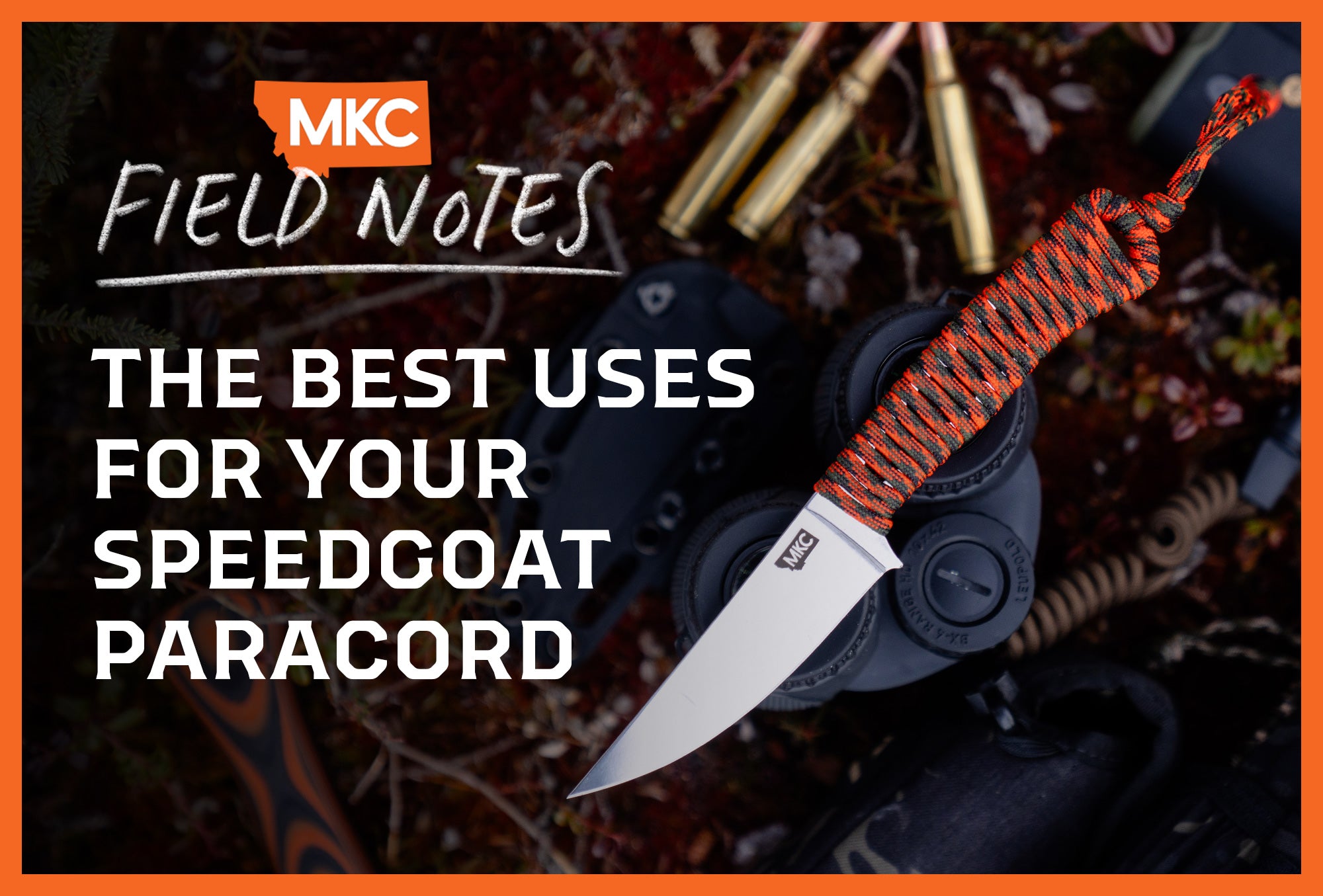 MKC knife with an orange paracord handle wrap, showcasing versatile uses for paracord in outdoor gear and survival tools.