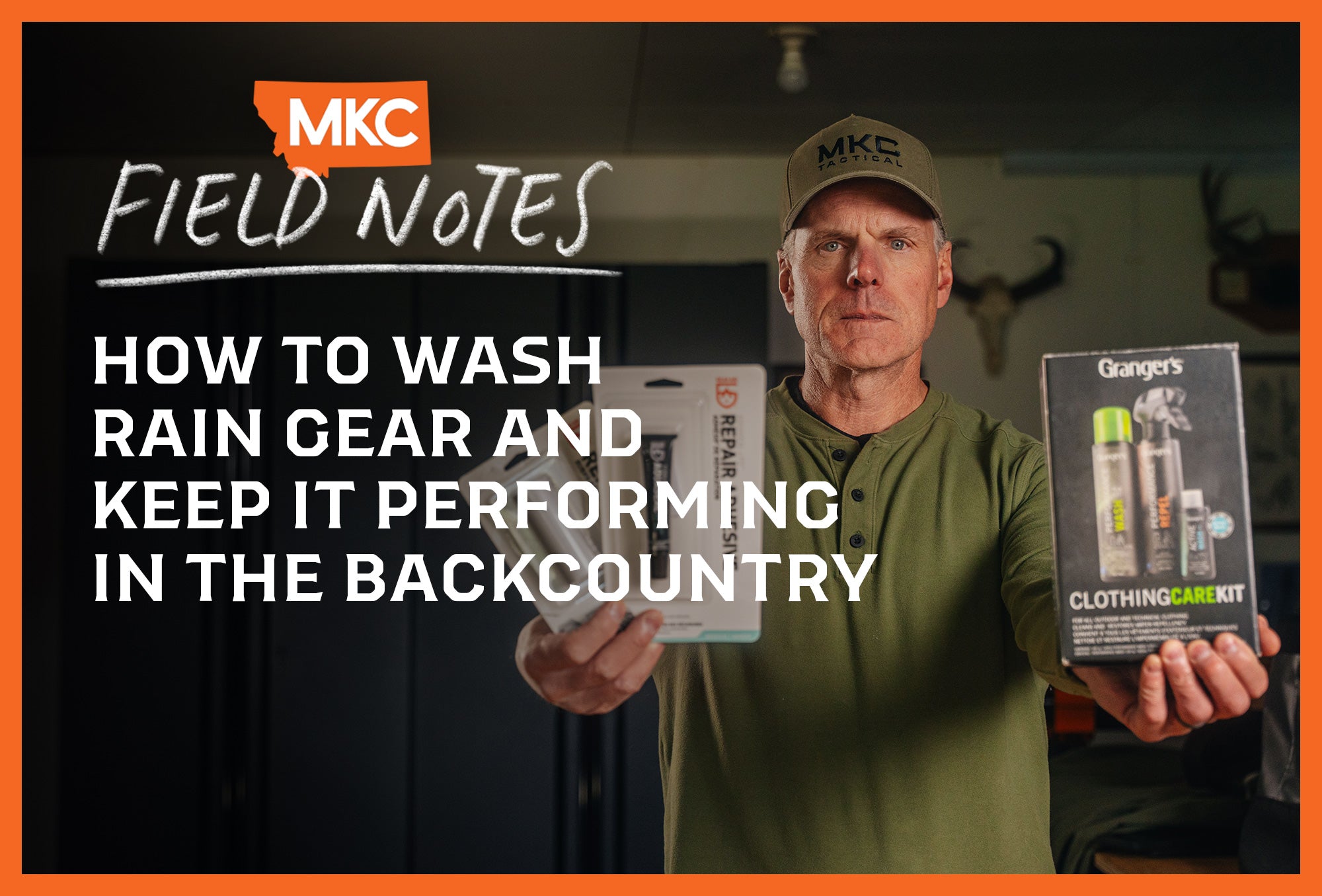 Man holding clothing repair kits for fixing and maintaining outdoor rain gear.