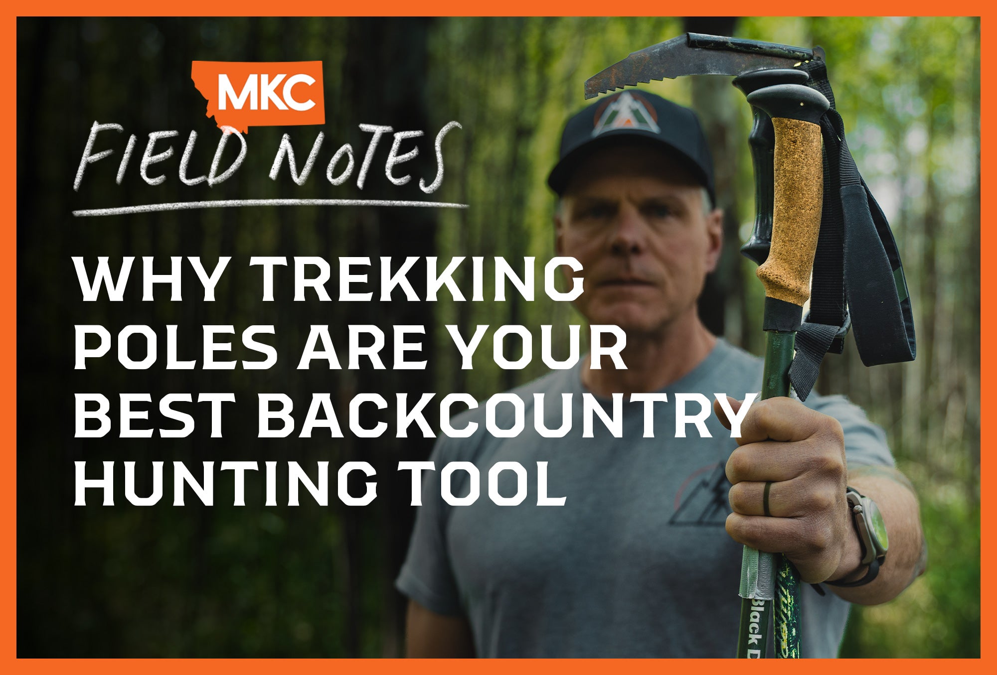 Backcountry hunter holding trekking pole in forest.