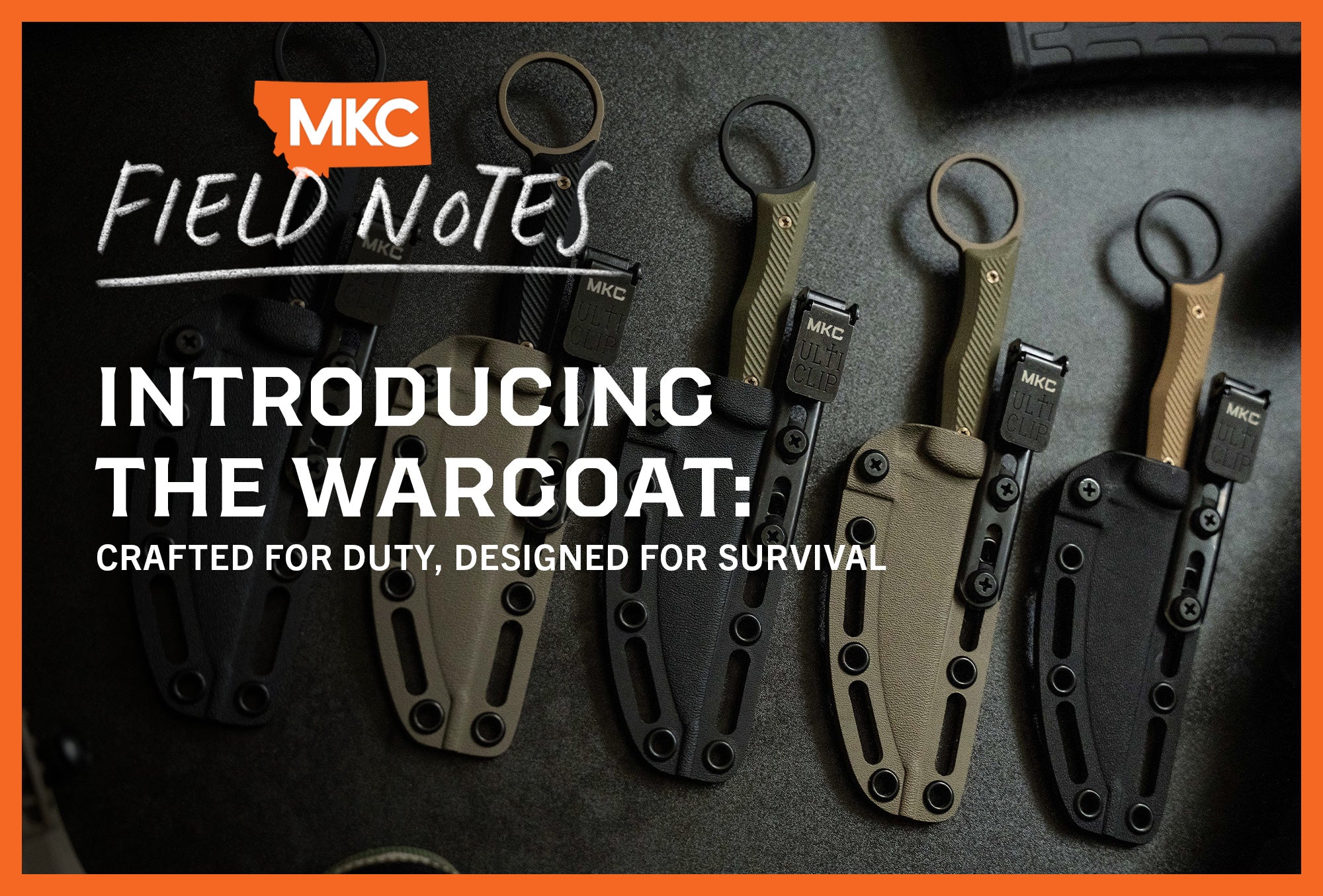 Five MKC Wargoat knives rest on a black table in their sheathes.