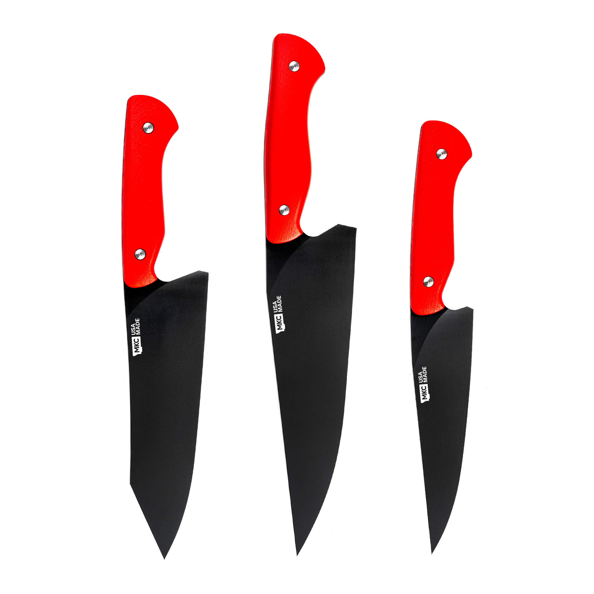 Three red-handled kitchen knives from the MKC Culinary Set, featuring black blades designed for precision and durability.