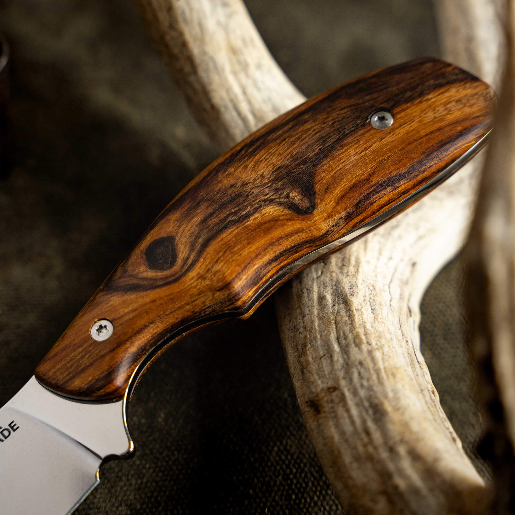 Close-up of the KEEP HAMMERING Traditions Packout Skinner knife handle, showcasing rich wood grain and polished finish.