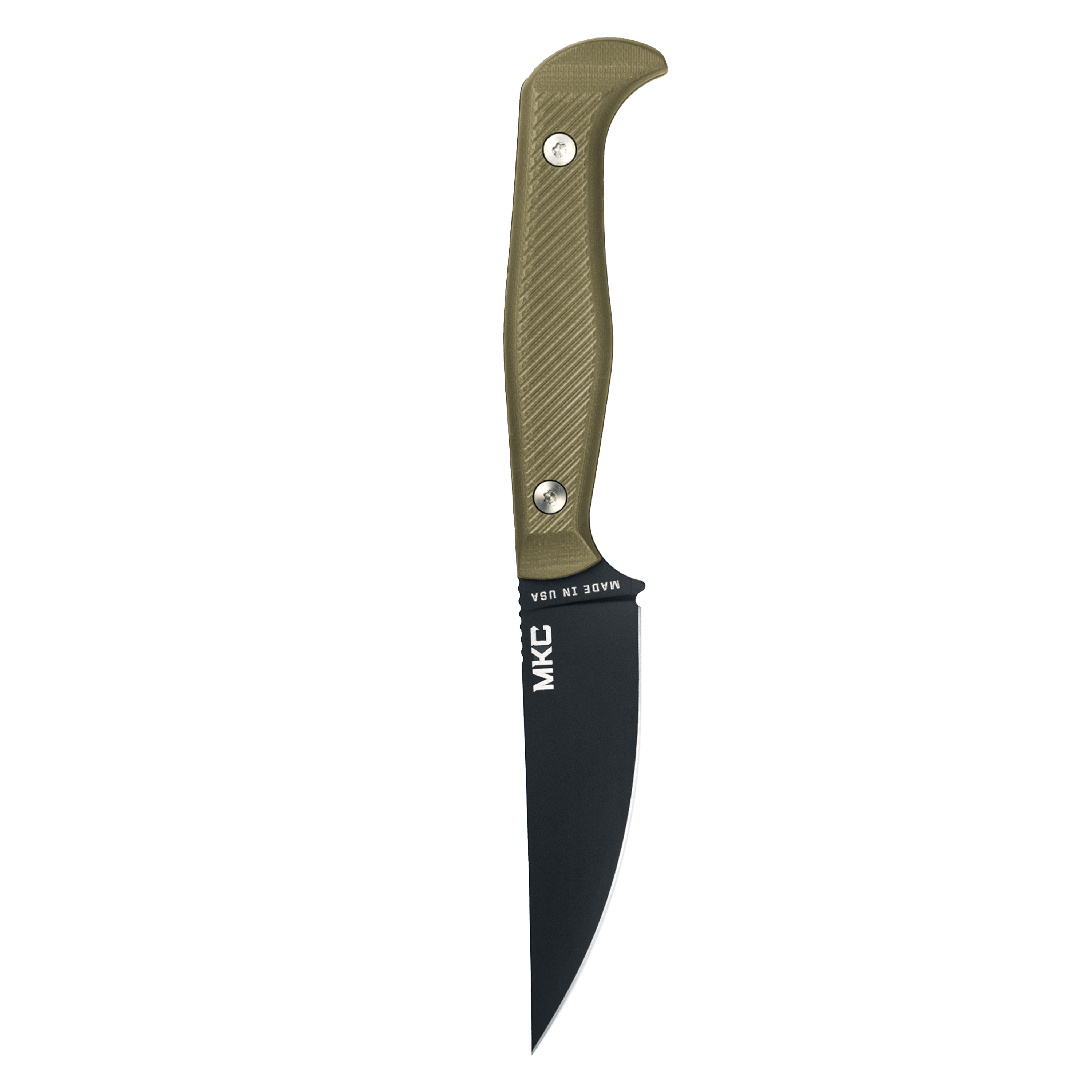 Alt text: "BATTLE GOAT BLK/OD tactical knife with a curved black blade and textured olive drab handle, featuring MKC branding."