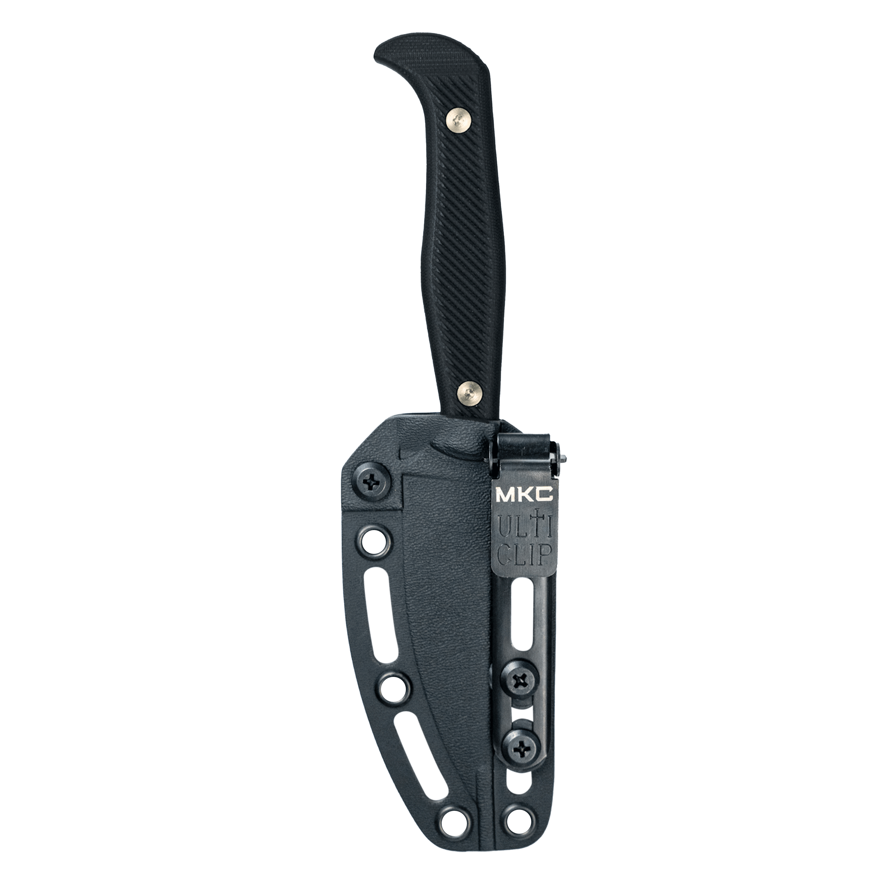 Alt text: "Black BATTLE GOAT tactical folding knife with textured grip and MKC ULTI CLIP attached to a robust belt clip, displayed on a plain background"