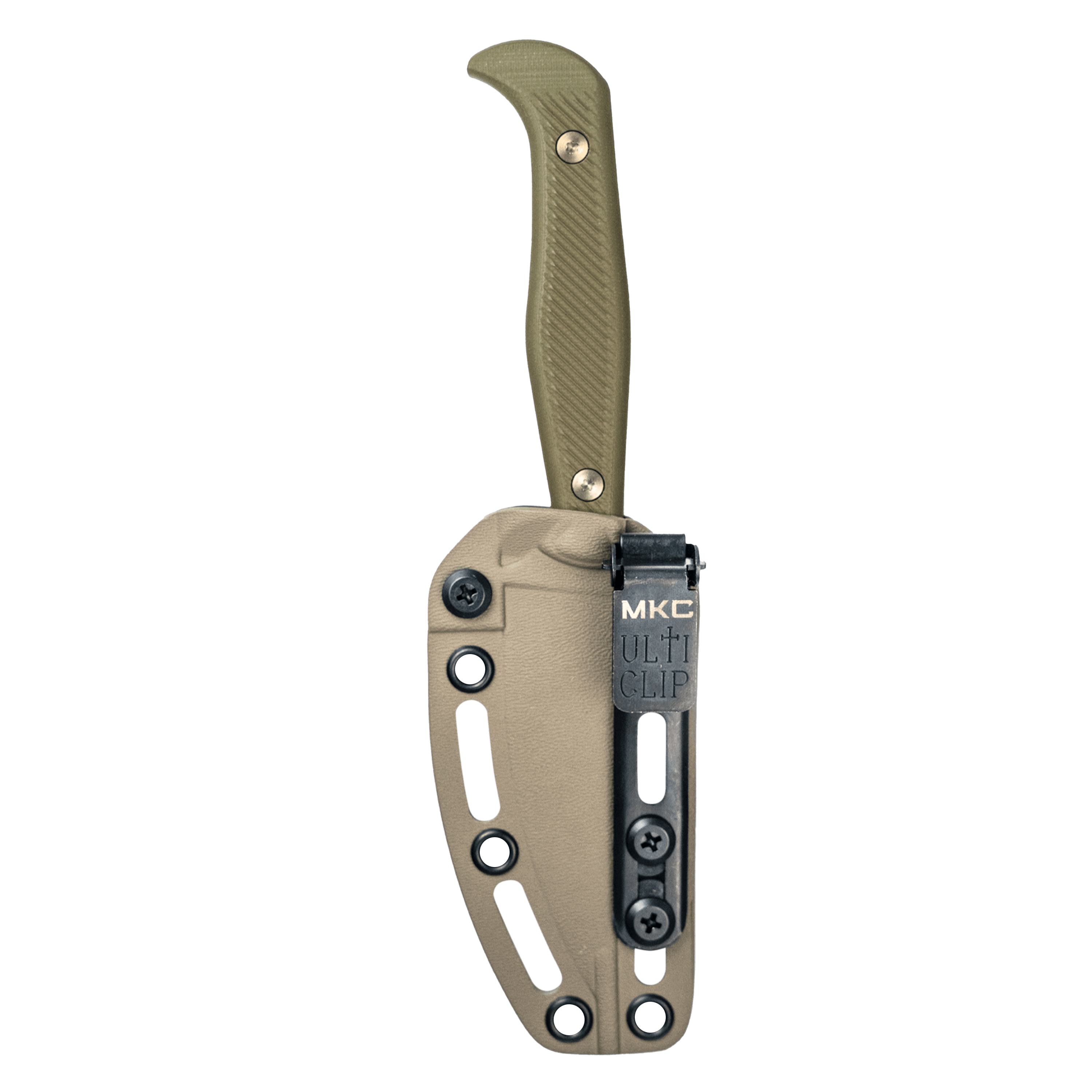 Alt text: "BATTLE GOAT knife in coyote/olive drab color with a textured handle and MKC Ulti Clip, displayed in a closed position against a solid background."