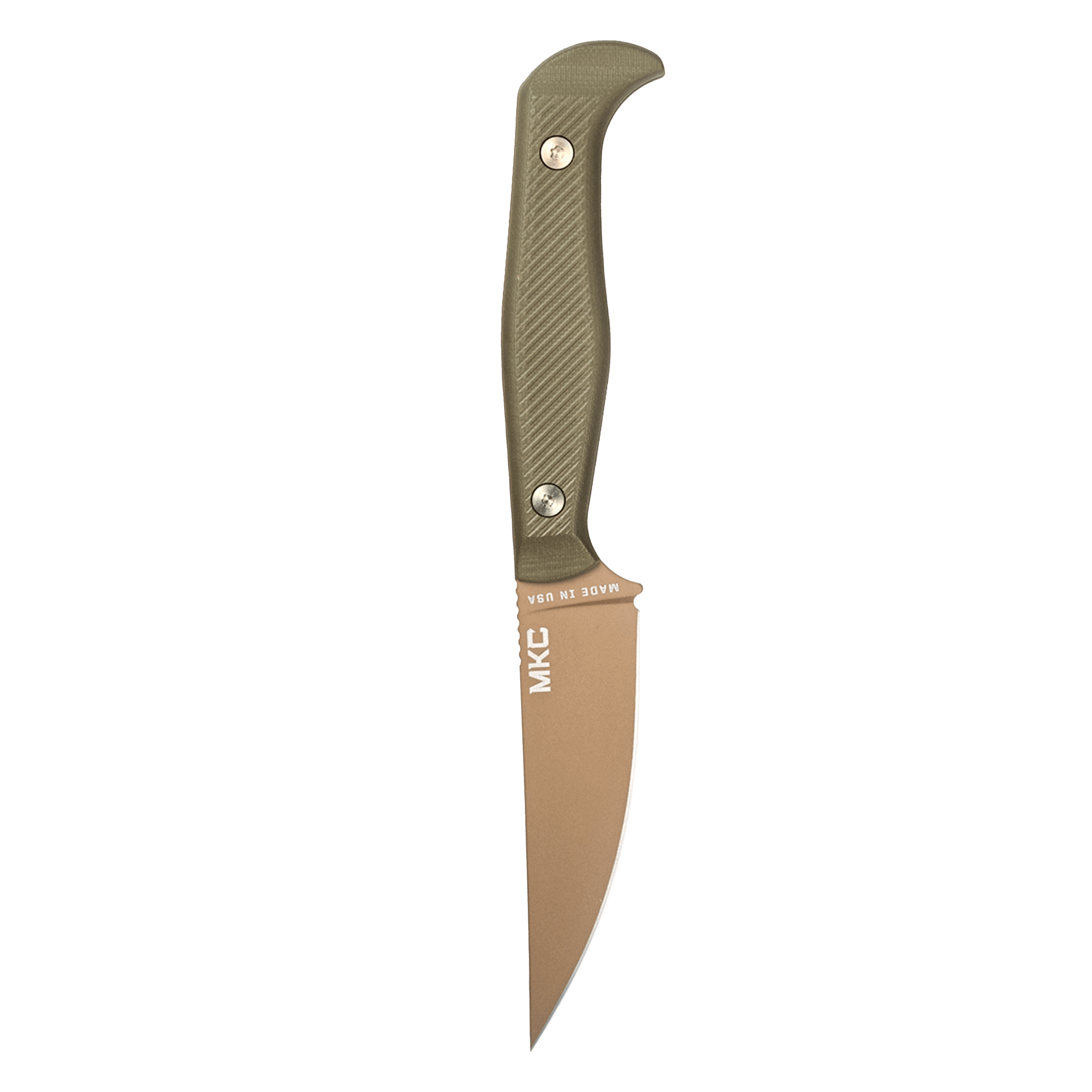 Alt text: "BATTLE GOAT folding knife with a coyote tan and olive drab color scheme, featuring a curved, textured handle and a smooth, sharp blade, marked with the brand MKC."