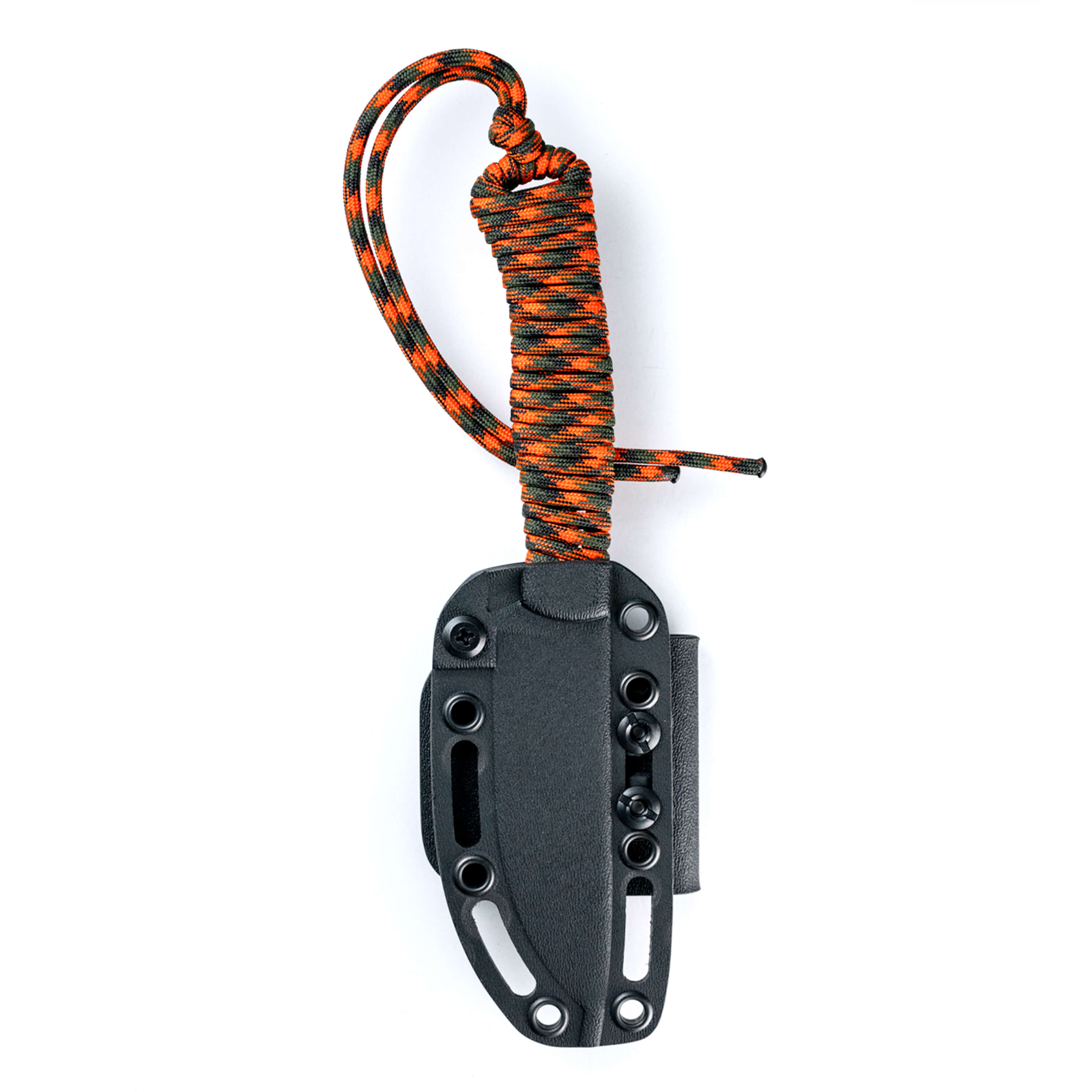 Black tactical knife with an orange and black paracord-wrapped handle and a black sheath, isolated on a white background.