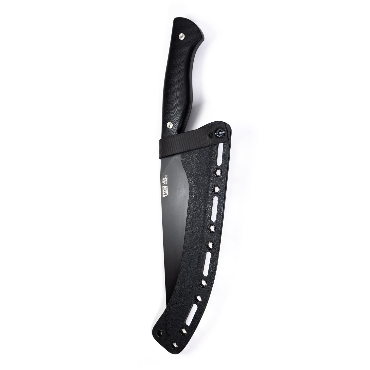 Alt text: "Bighorn Chef black cleaver knife with a textured handle and a protective sheath, featuring multiple cutout holes on the blade and sheath for lightweight design."