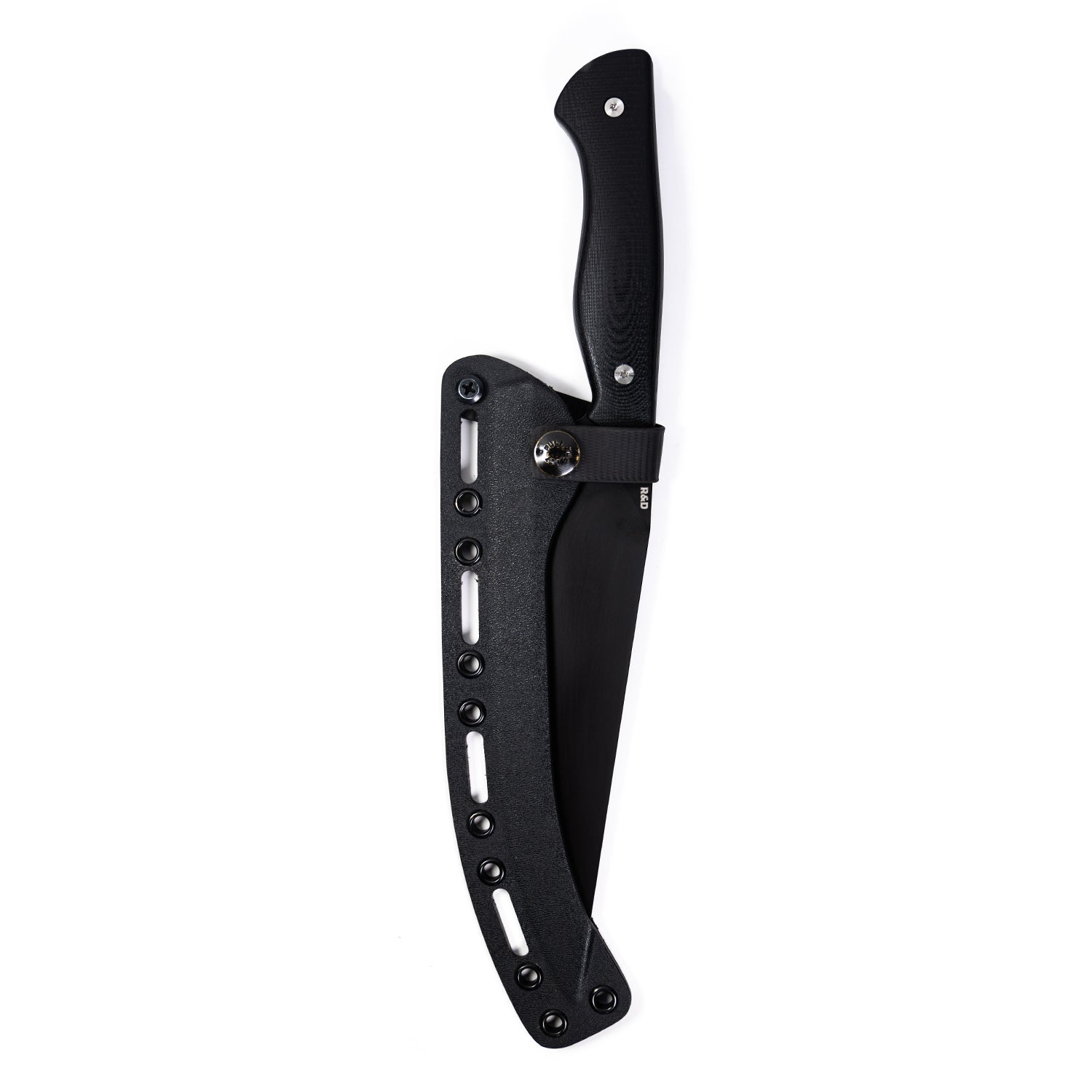 Alt text: "Bighorn Chef black kitchen knife with a textured handle and protective sheath, featuring a modern design with exposed screws and multiple hole cut-outs for grip enhancement."