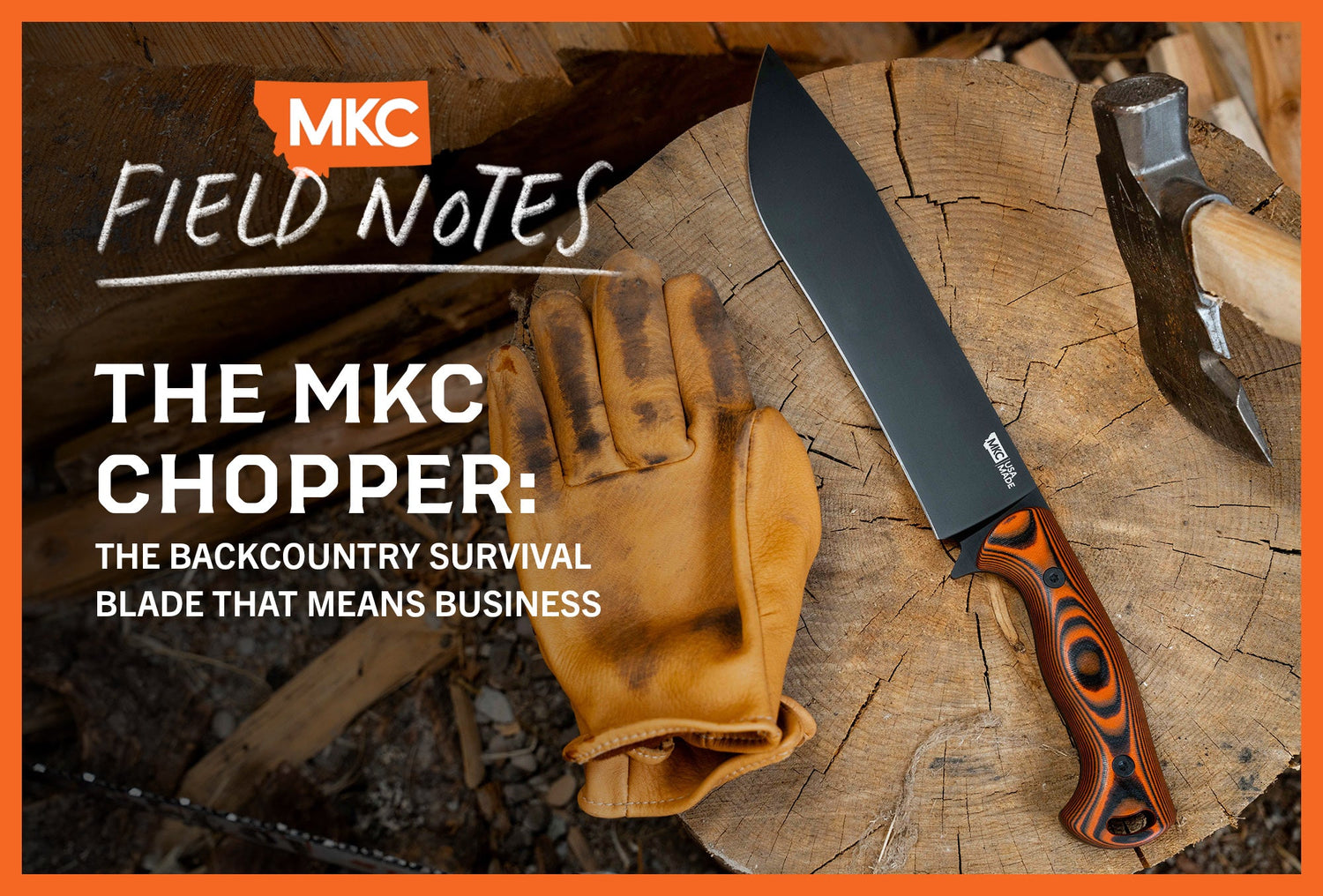 Emergency backcountry fixed-blade knife in gloved hand on wood log.