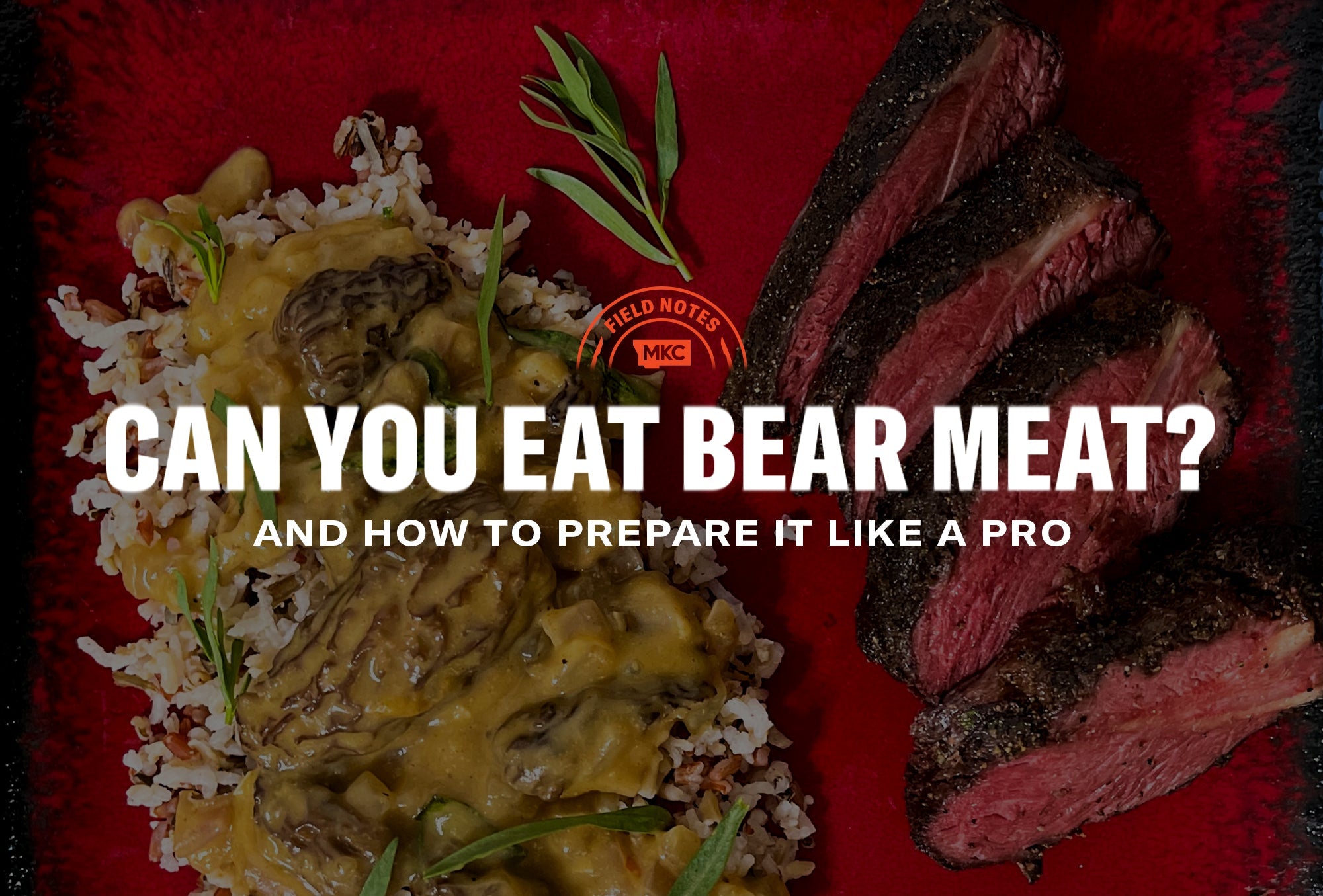 A plate of sliced cooked bear meat served with rice and mushroom sauce, illustrating the question can you eat bear meat.