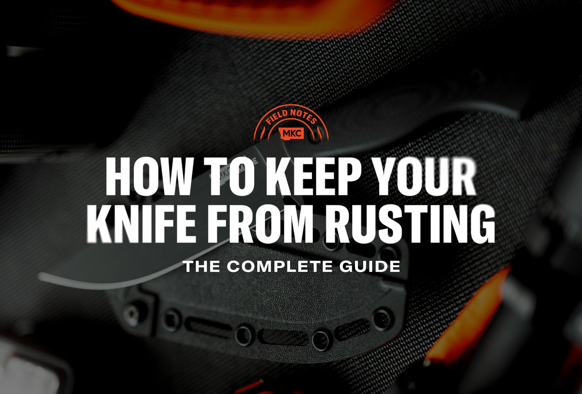 A knife and sheath rest on a dark surface with orange lighting, illustrating a guide on how to keep knives from rusting.