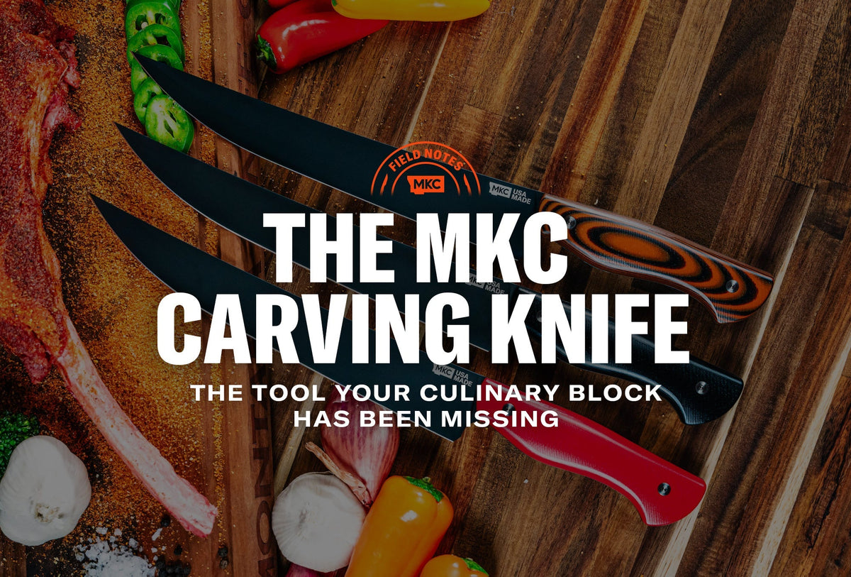 Three MKC carving knives on a wooden board surrounded by sliced peppers, garlic, and seasoned meat.