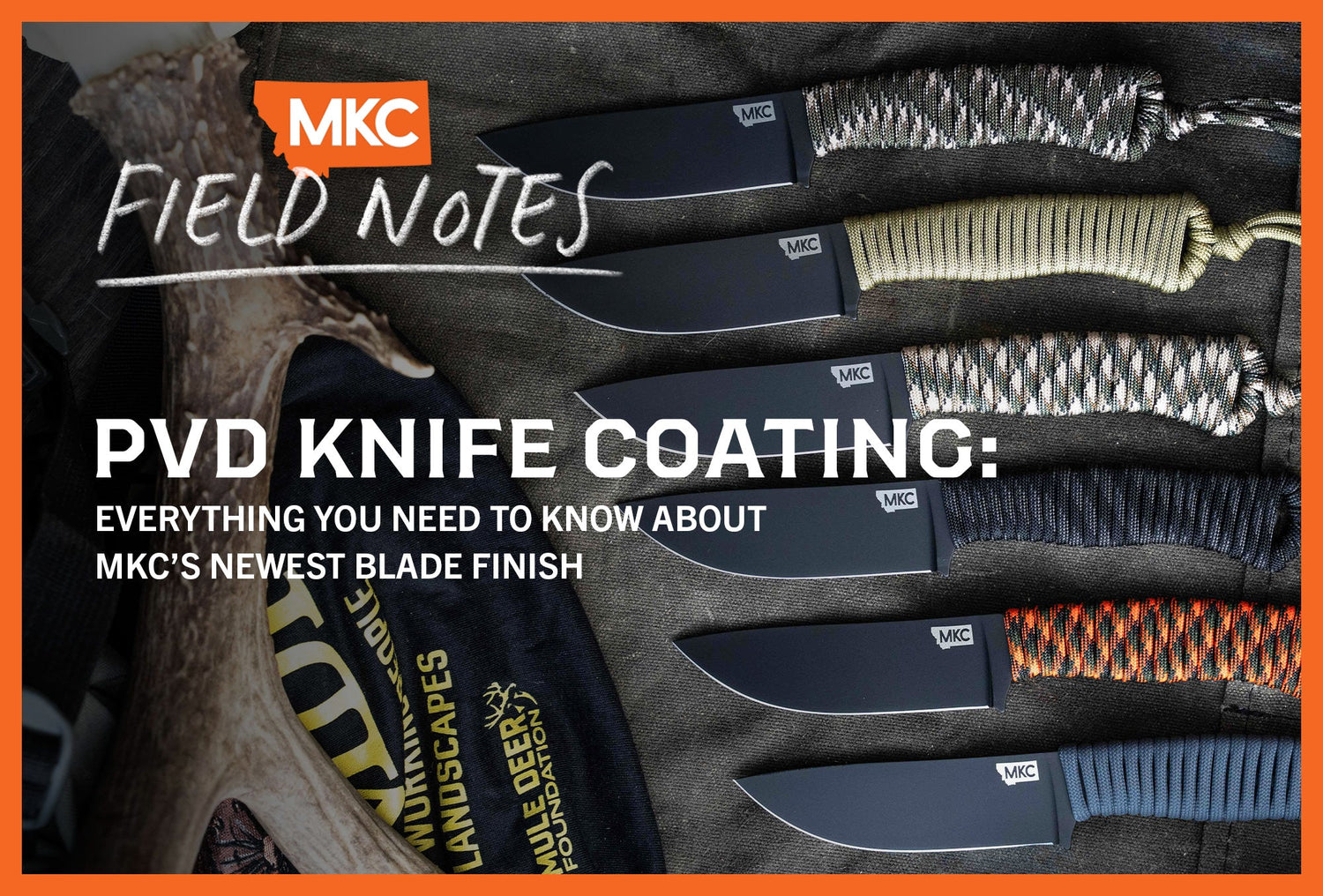 Six MKC knives with paracord handles arranged in a row, showcasing durable PVD knife coating for enhanced wear resistance.