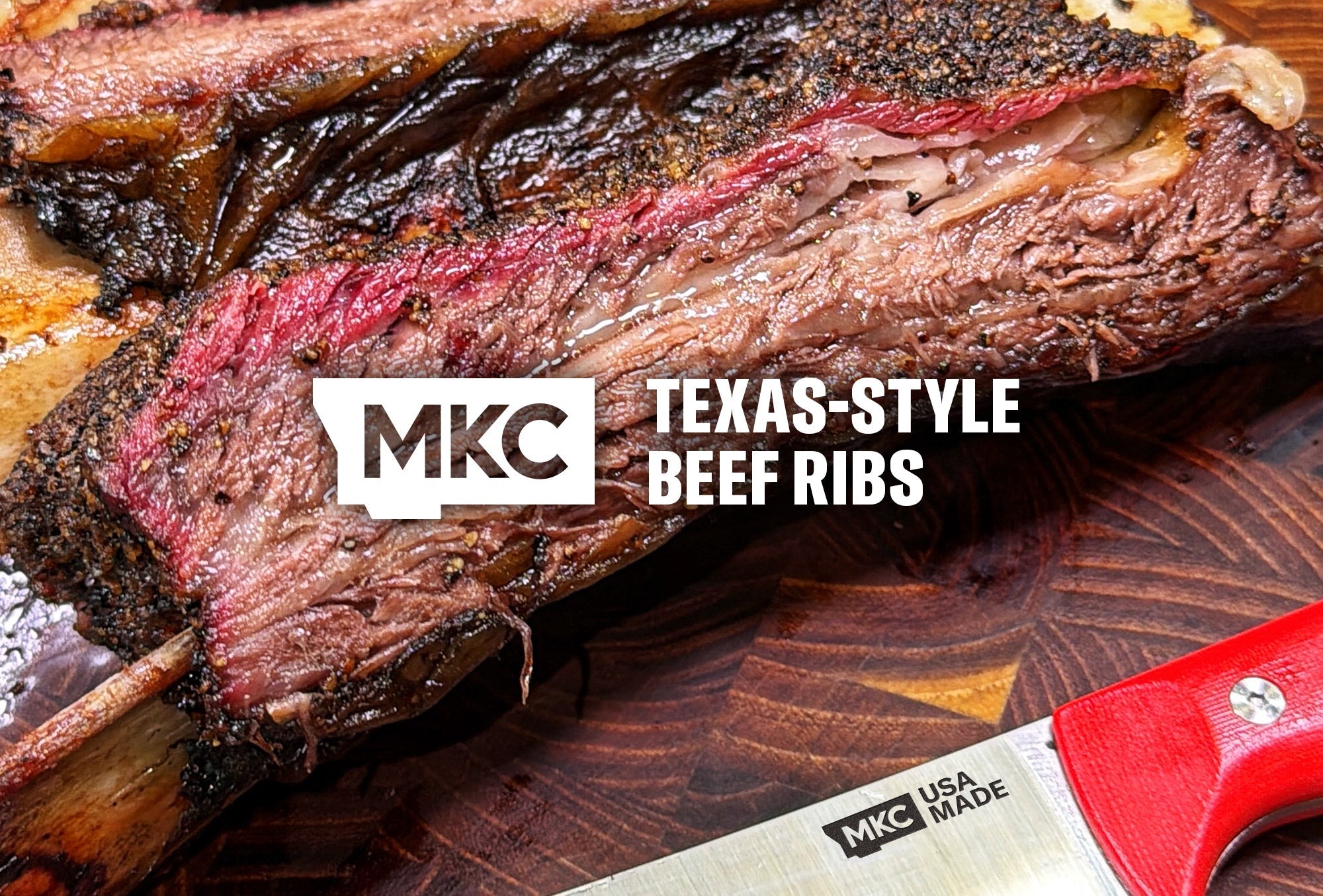 Sliced Texas‑style beef ribs on a wooden cutting board, showing a dark peppery bark, a pink smoke ring, and juicy meat.