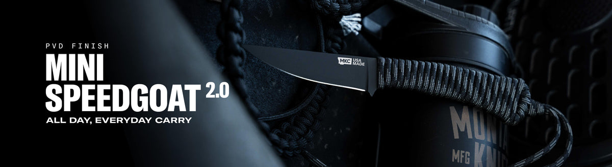 Mini Speedgoat 2.0 knife with PVD finish resting beside a water bottle, showcasing its sleek design for everyday carry.