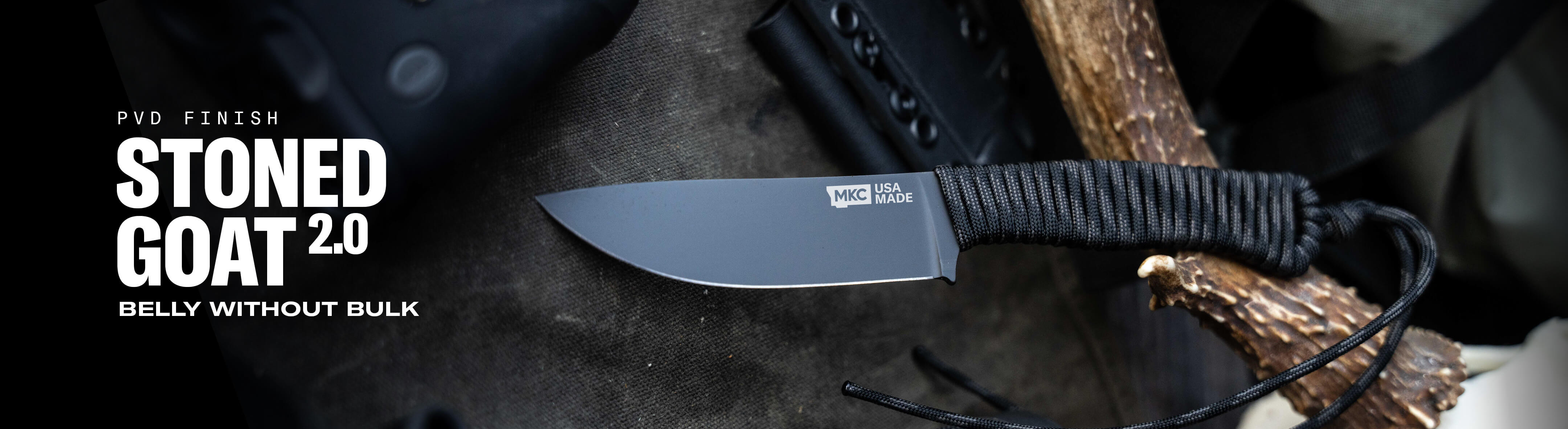 Ultralight skinner knife STONED GOAT 2.0 with a sleek blade and durable paracord handle, designed for outdoor use.