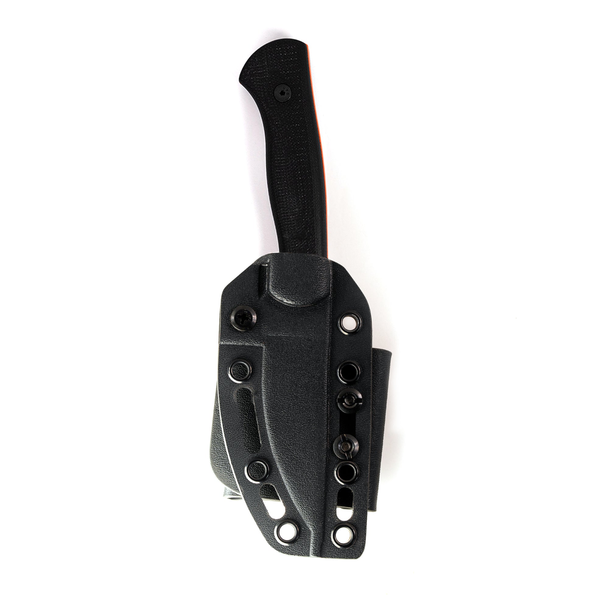 Alt text: "Blackfoot 2.0 fixed blade knife with blaze orange Cerakote tip, featuring a textured black handle partially visible in a black Kydex sheath with multiple attachment points, isolated on a white background."
