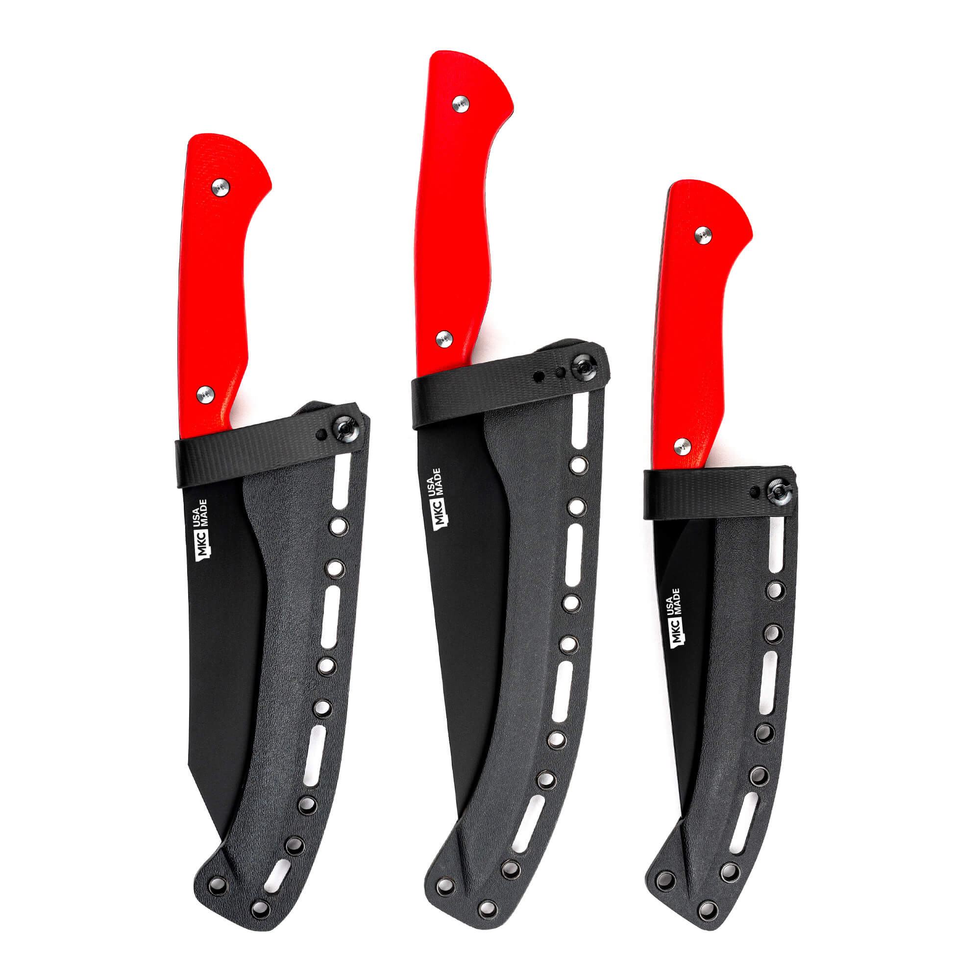 MKC Culinary Set in red featuring three knives with black blades and ergonomic handles, designed for kitchen use.