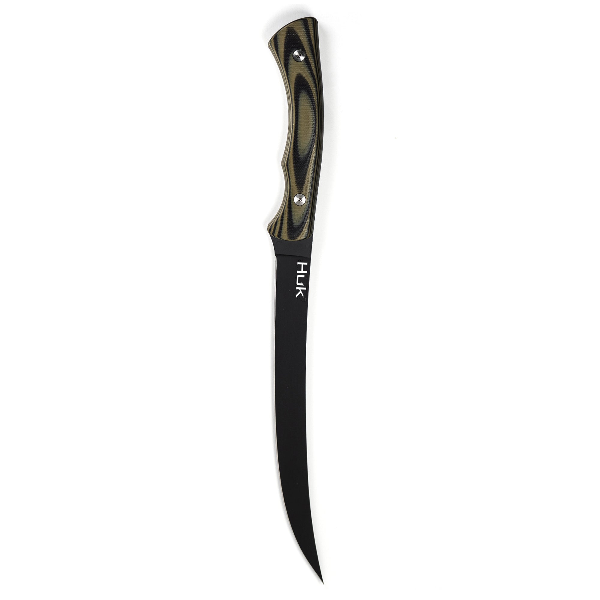 HUK Flathead Fillet knife with a sleek black blade and a textured handle, designed for precision filleting.