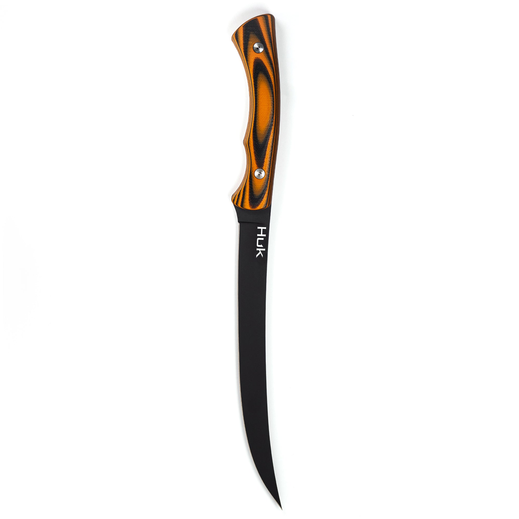 HUK Flathead Fillet knife with a curved black blade and an orange and black patterned handle, designed for precision filleting.