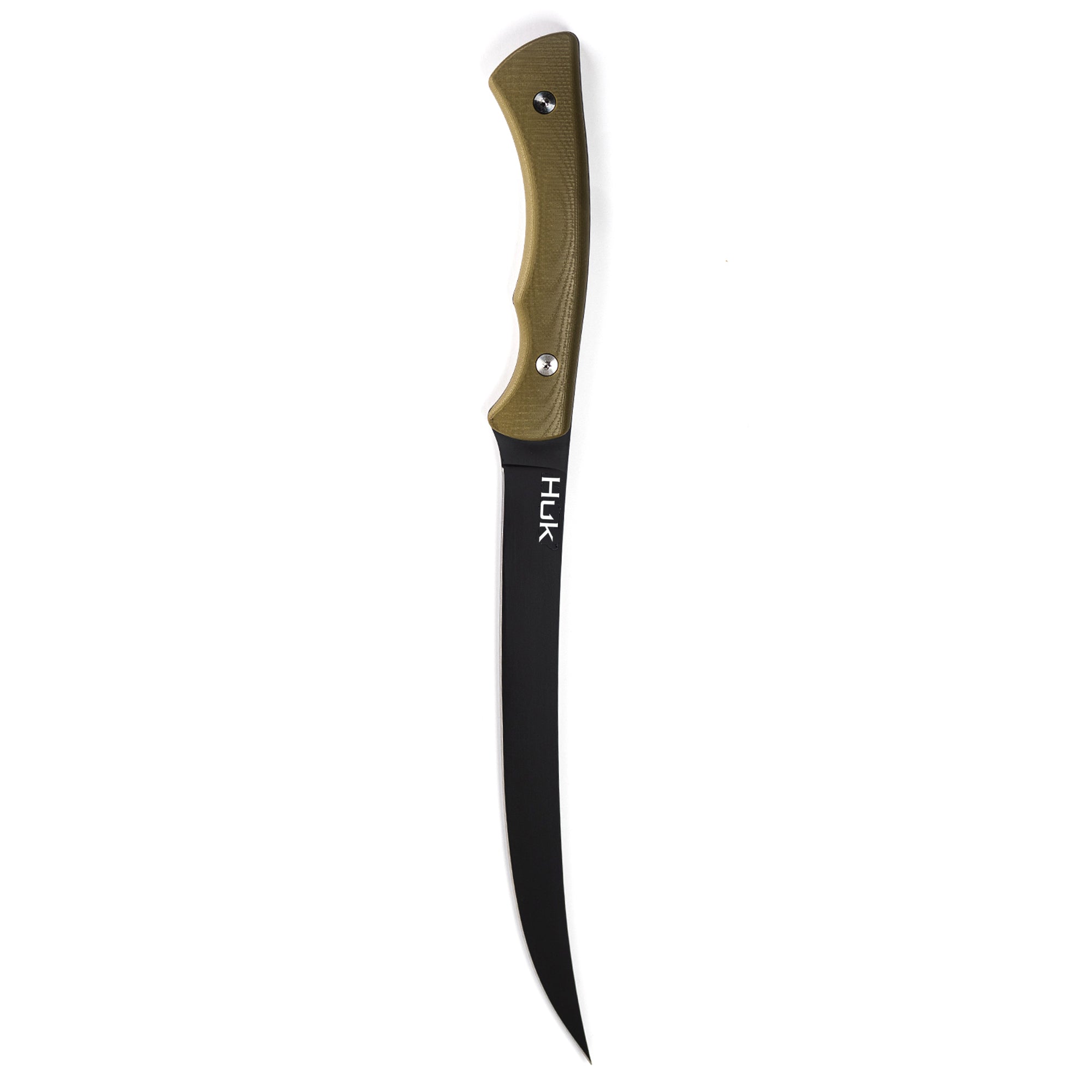 HUK Flathead Fillet knife with a curved black blade and ergonomic green handle, designed for precision fishing tasks.