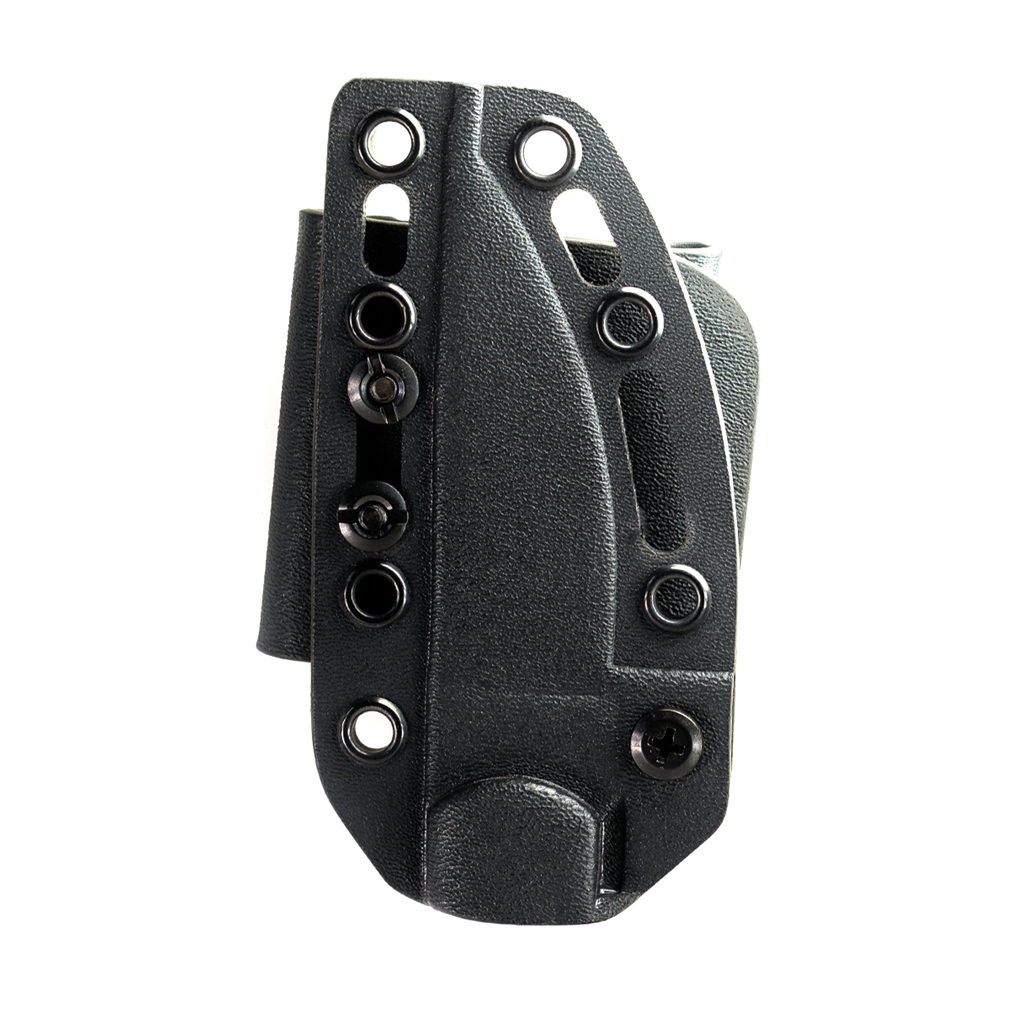 Alt text: Black textured Kydex sheath for a knife, featuring multiple rivets and slots with a fold-over design for secure attachment.