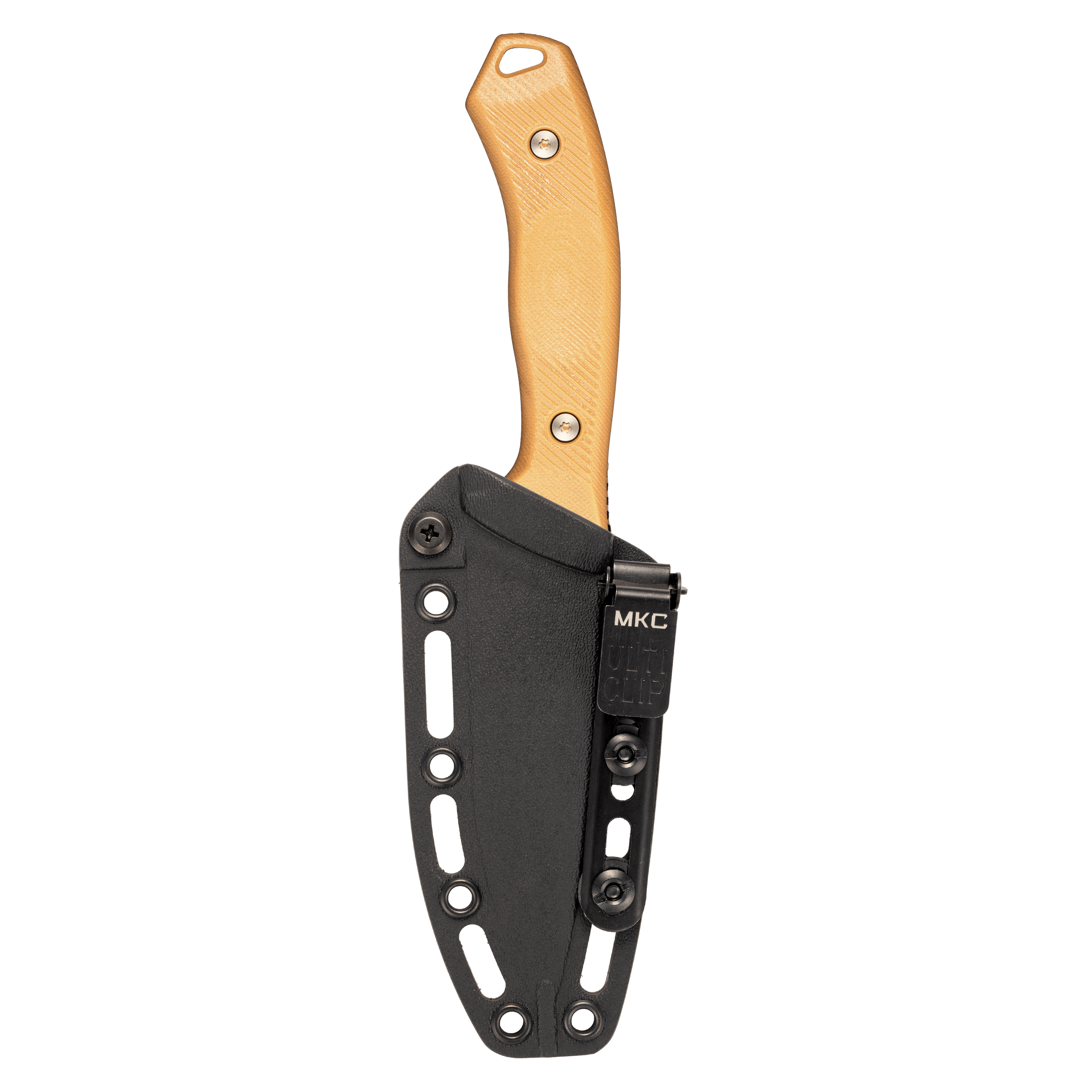 MTNTOUGH TF24 knife with a tan handle and black sheath, designed for outdoor and tactical use.