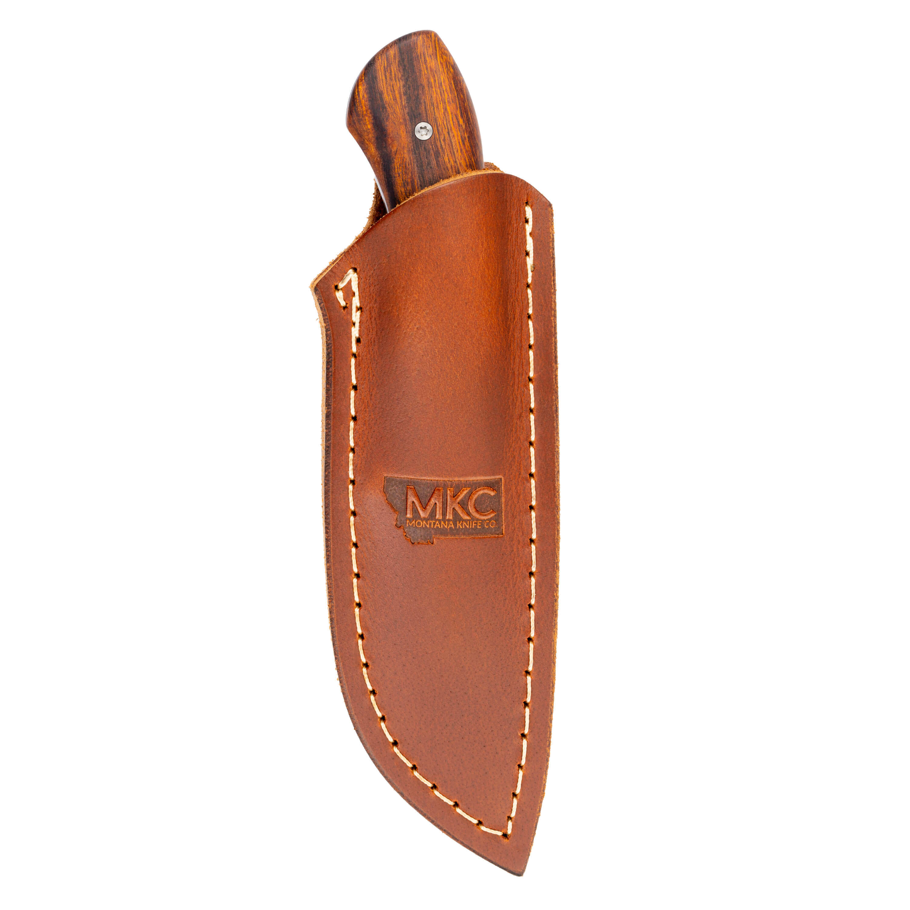 MKC Elk Knife with a wooden handle in a leather sheath, designed for outdoor enthusiasts and hunters.