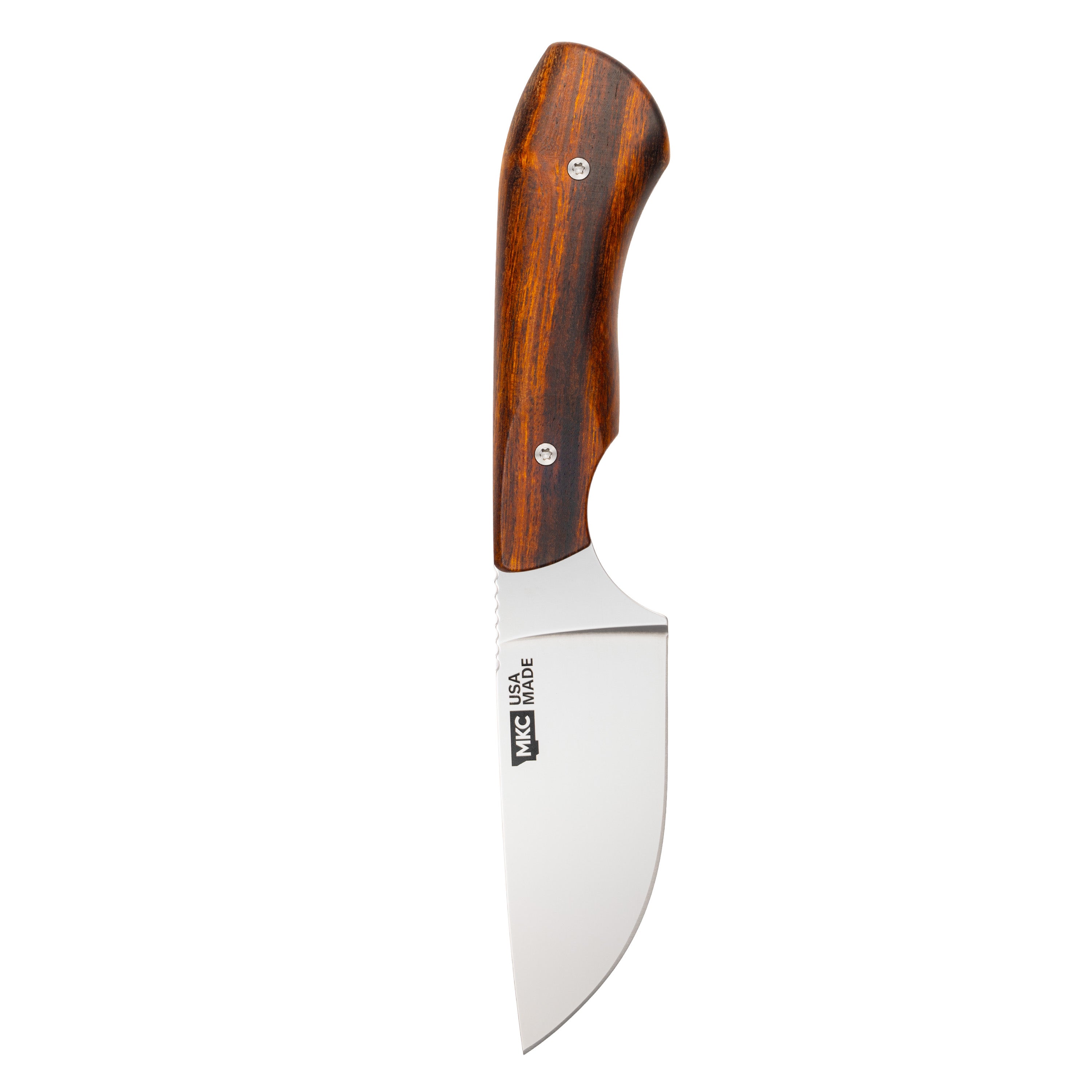 MKC Elk Knife with a curved blade and wooden handle, designed for outdoor use and hunting tasks.