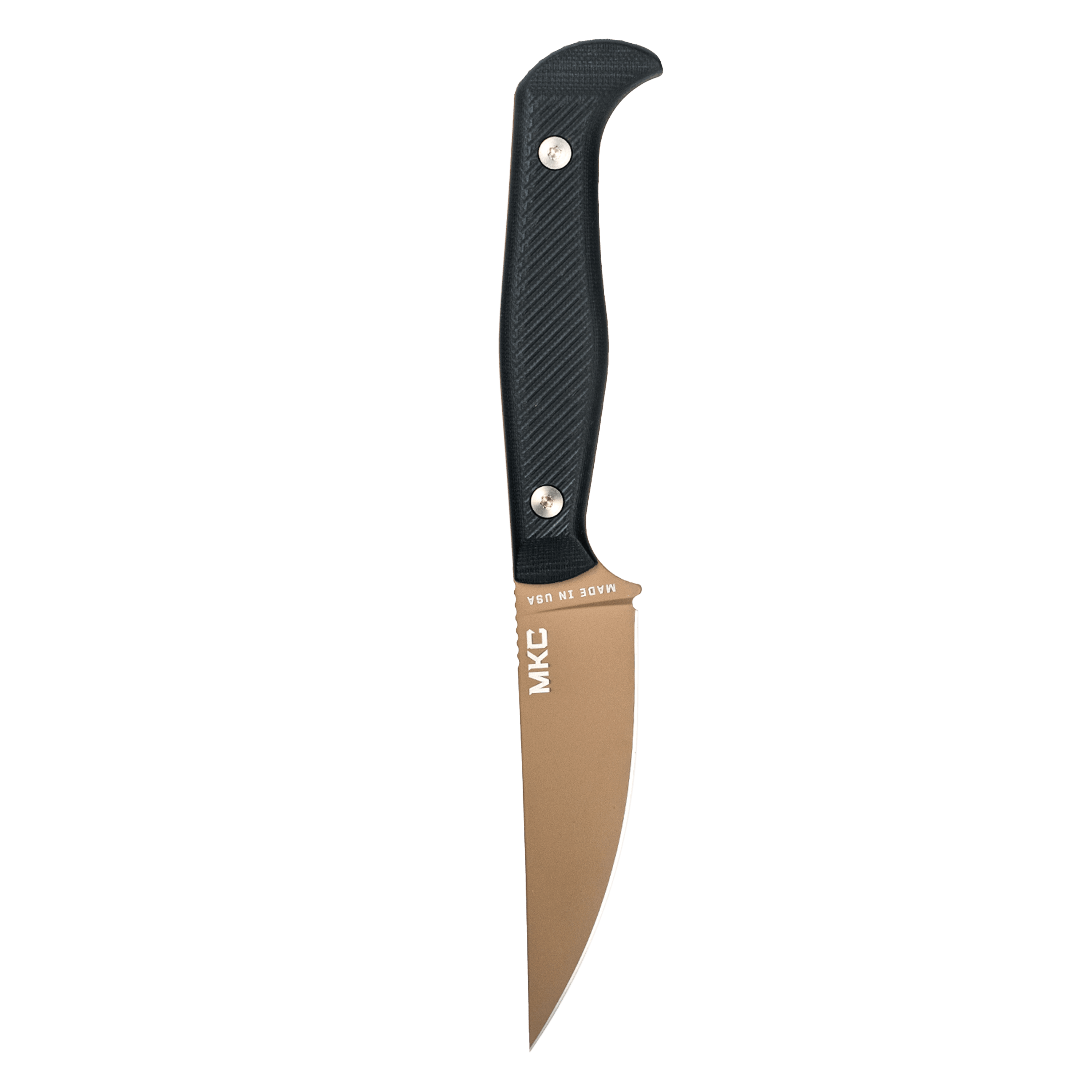 Curved-handle fixed-blade knife with a black carbon fiber texture on the grip and a coyote tan blade, labeled "MADE IN USA MKC".