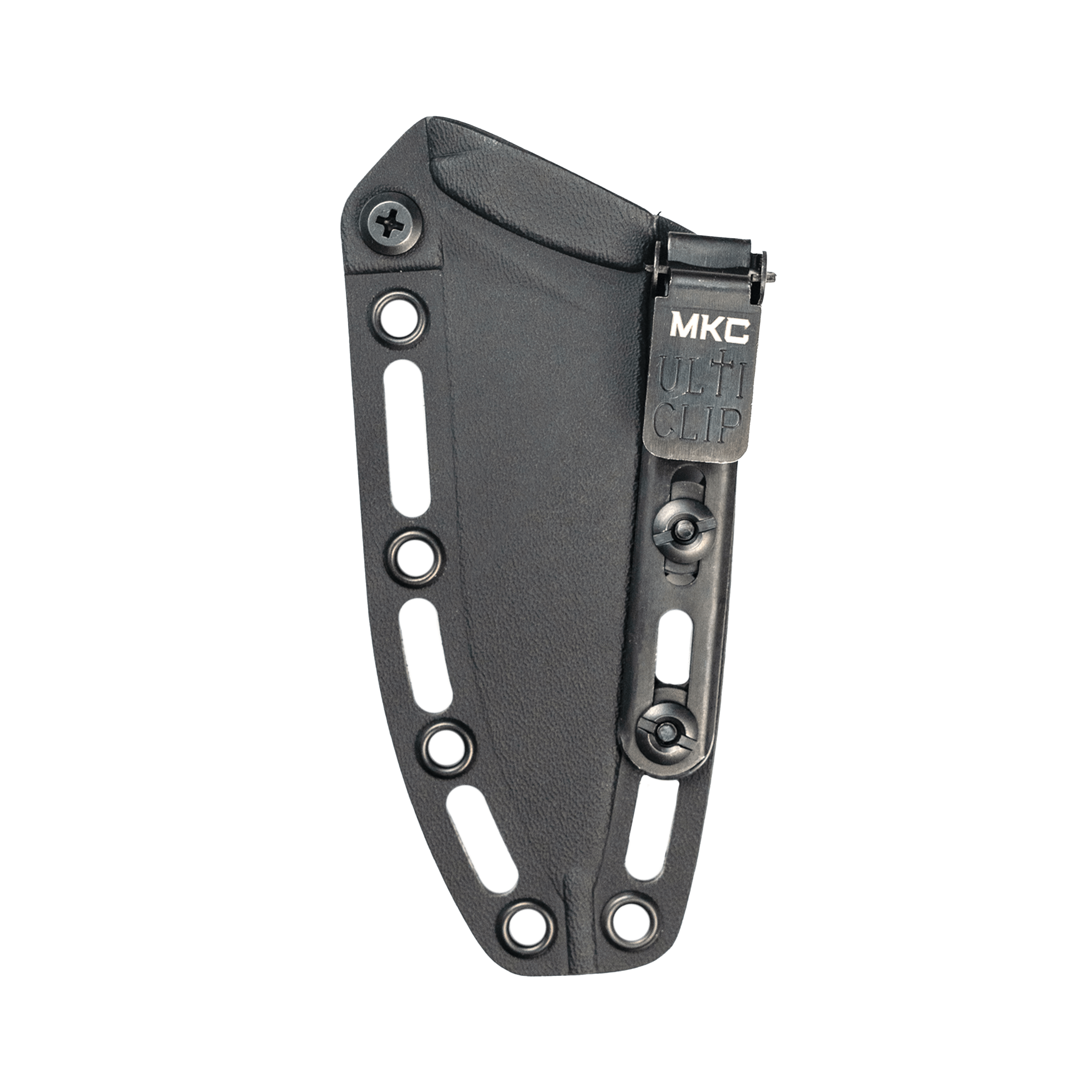 Alt text: Black Kydex sheath with multiple eyelets and an MKC UltiClip attachment, set against a black background, designed for secure and adaptable knife storage.