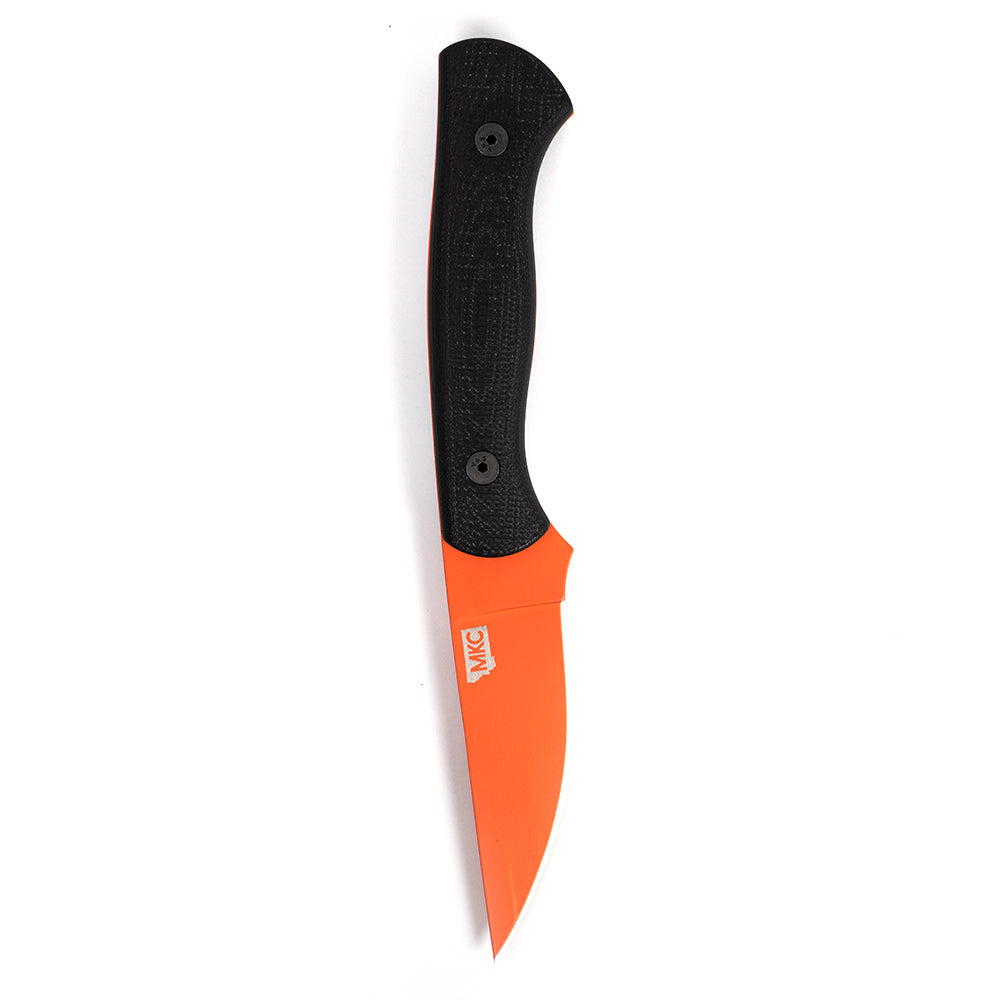 Alt text: "BLACKFOOT 2.0 fixed blade knife with a black textured handle and blaze orange Cerakote-coated blade, featuring a WMG logo on the flat of the blade, displayed against a white background."