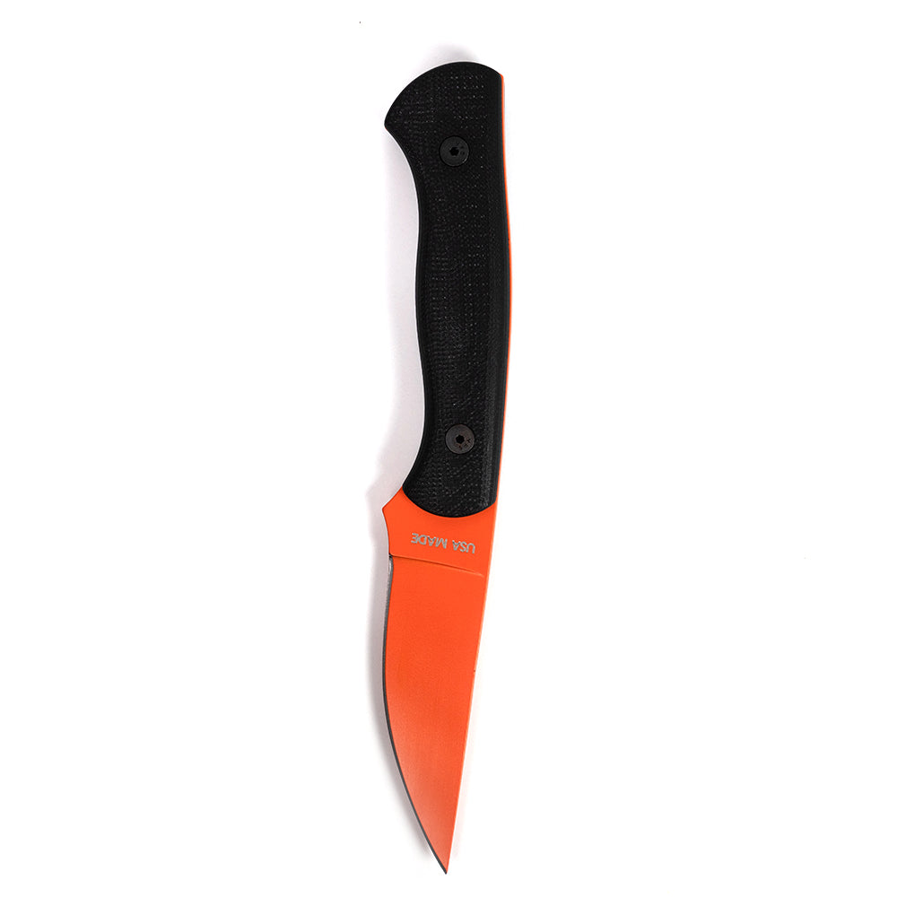 Alt text: "Blackfoot 2.0 fixed blade knife with a vivid blaze orange Cerakote™ coated blade and a textured black handle, isolated on a white background."
