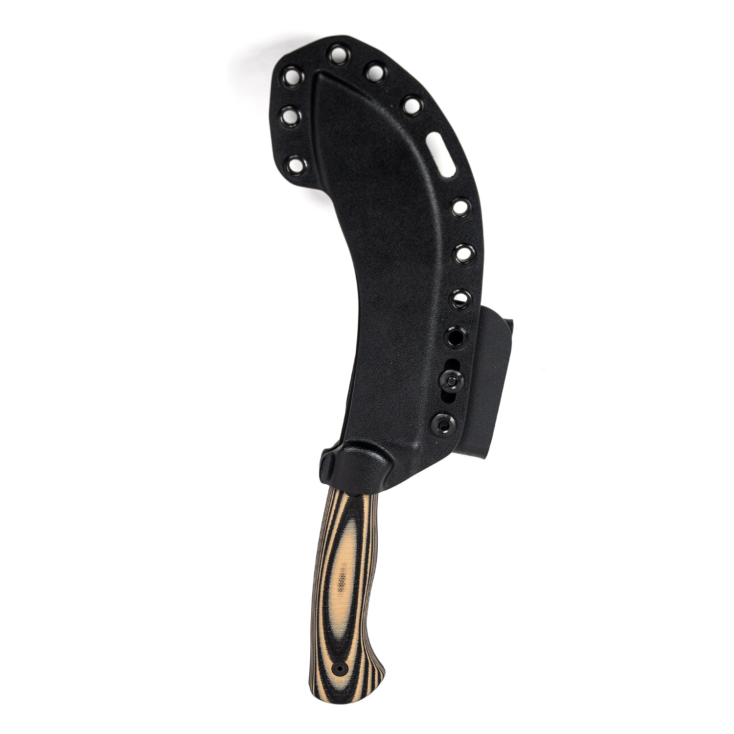 Alt text: "Beartooth Pro Skinning Blade with a curved tan and black handle encased in a black sheath, featuring multiple rivet attachments, isolated on a white background."